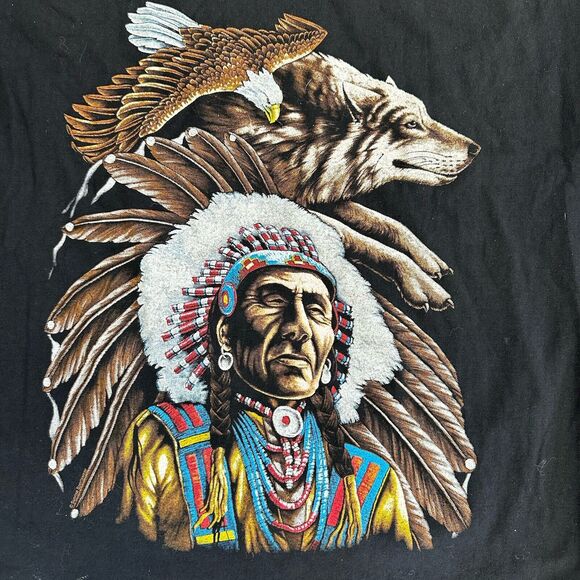 VTG Native American Chief Wolf Eagle T Shirt Men’s Size XL Single Stitch 90s - Picture 2 of 7